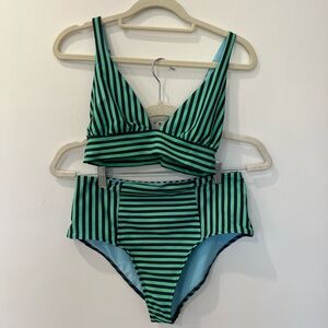 XiRENA Green and Navy Striped Bikini Mid Rise Medium/Small